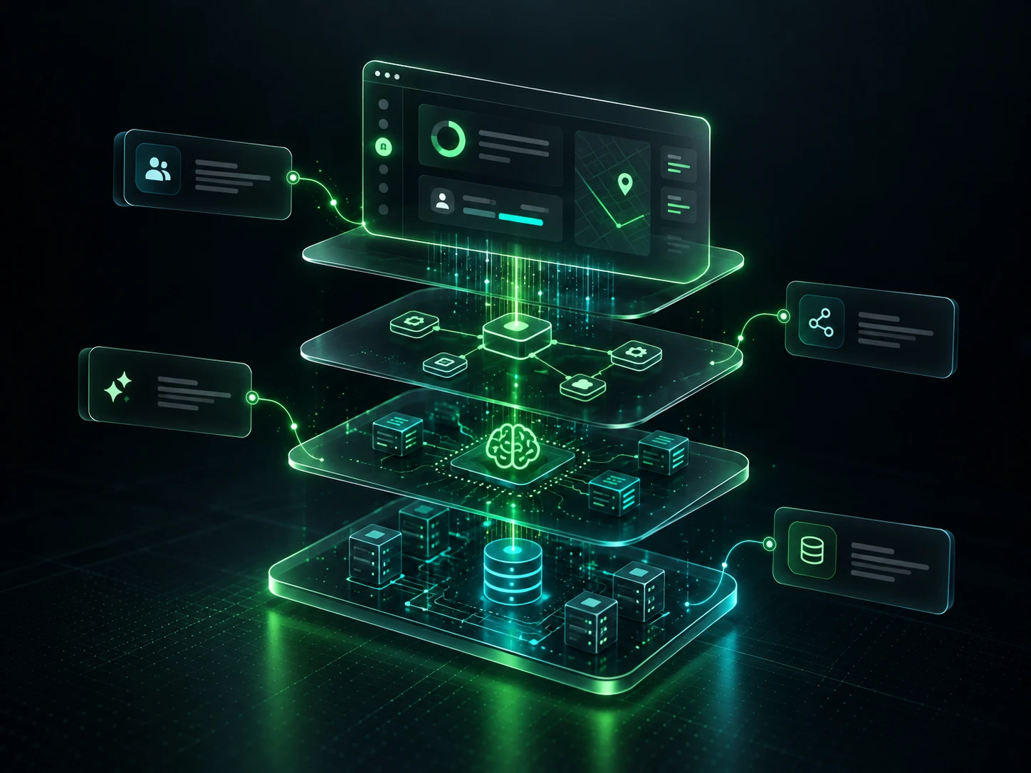 Capas de una plataforma a medida: interfaz, servicios, inteligencia artificial y datos