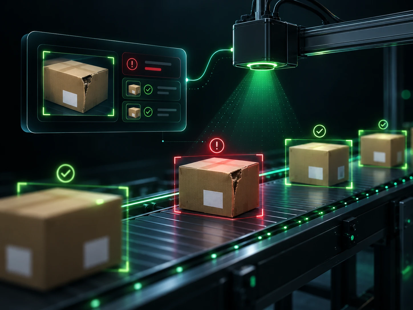 Cámara de inspección sobre una cinta de cajas que detecta una caja dañada y marca las correctas